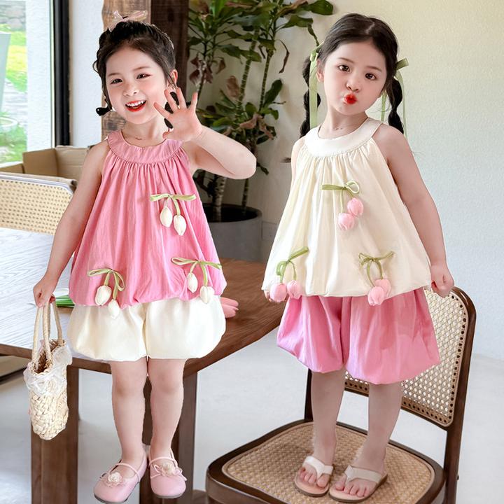 新款夏季甜美樱桃裙女童连衣裙百可爱公主裙夏装套装