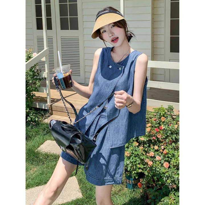 设计感炸街牛仔套装女夏季新款简约休闲小个子马甲背心短裤两件套