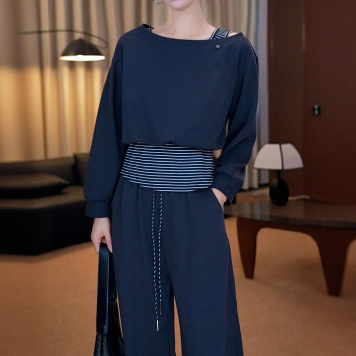 2025春秋慵懒风条纹假两件露肩卫衣长卫裤两件韩版露肩卫衣两件套