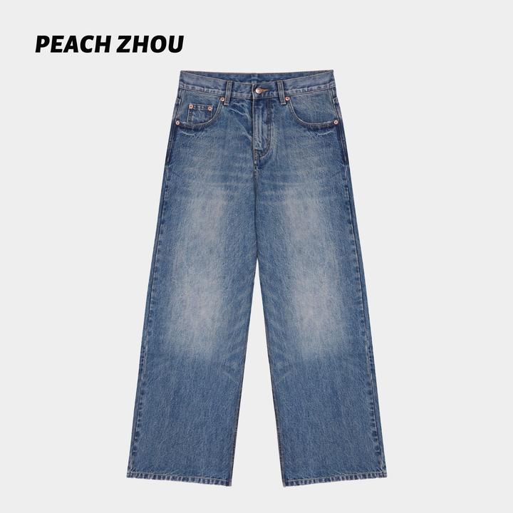 『PEACHZHOU』水洗磨白宽松直筒牛仔裤休闲高级通勤感阔腿长裤