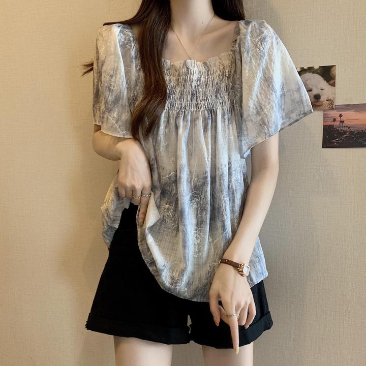 Mm法式方领扎染雪纺短袖衬衫女夏大码胖mm遮肚娃娃衫超好看独