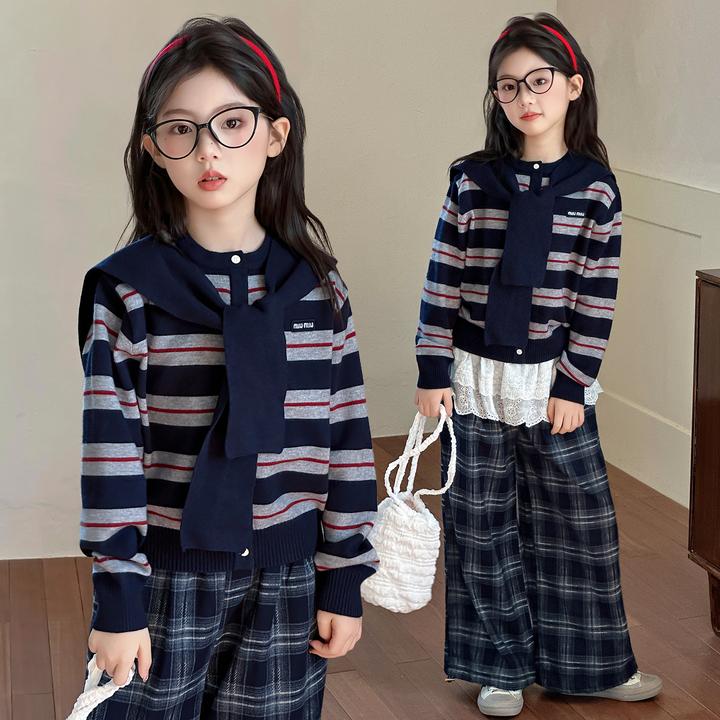 [专柜品质]女童针织开衫外套风毛衣小女孩秋装一整套搭配秋季套装