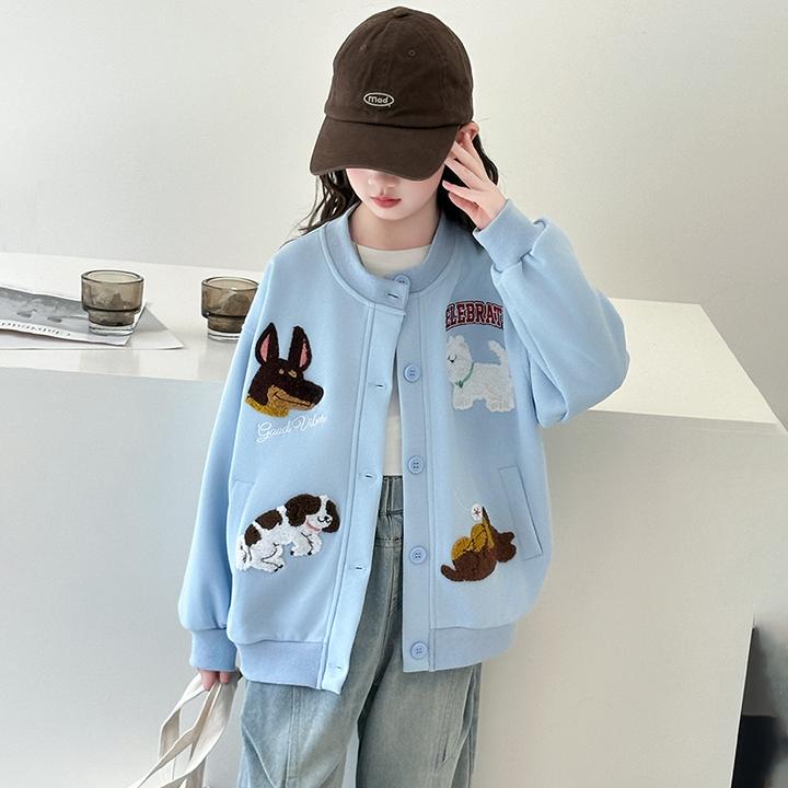 女童棒球服2025新款秋季洋气休闲卡通小狗绣花中大童儿童百搭外套