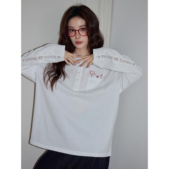 【吵吵家】白色圆领刺绣蕾丝T恤上衣女2025秋宽松休闲长袖早秋上衣