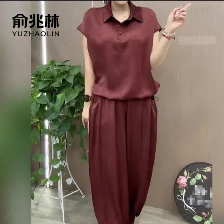 俞兆林新款夏季女装宽松纯色妈妈套装洋气减龄时尚休闲两件套中老