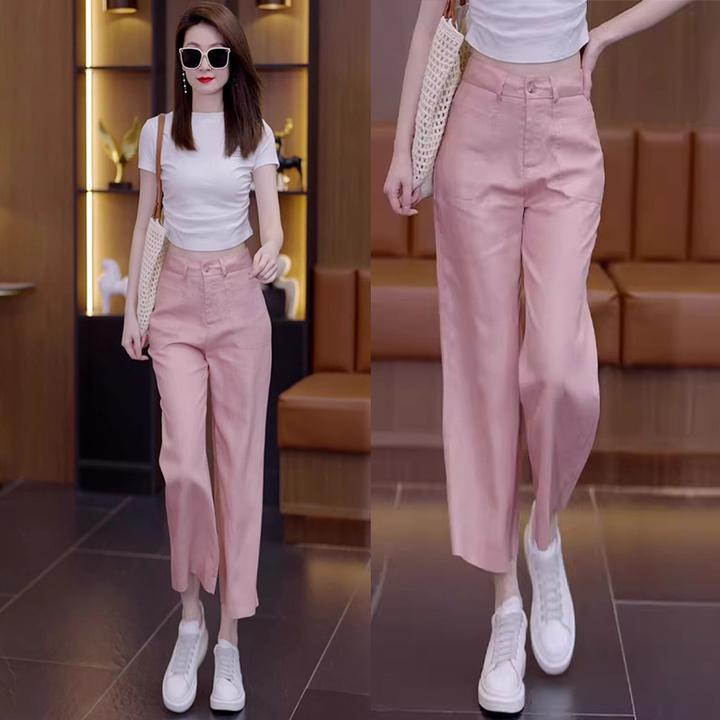 天丝棉麻八分裤女夏季薄款2025新款高腰窄版阔腿裤亚麻直筒休闲裤