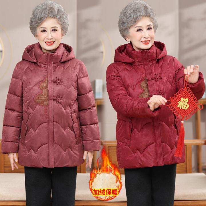中老年女装连帽棉服奶奶加厚保暖刺绣棉衣老太太洋气加绒棉衣外套