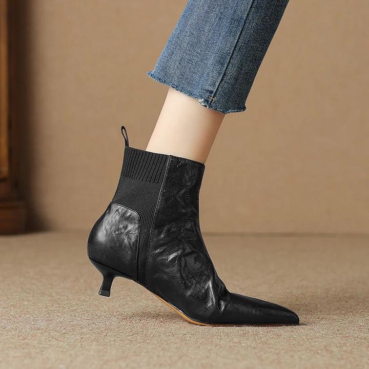 羊皮/3厘米猫跟短靴女气质小短靴洋气又高级百搭尖头黑色弹力百搭