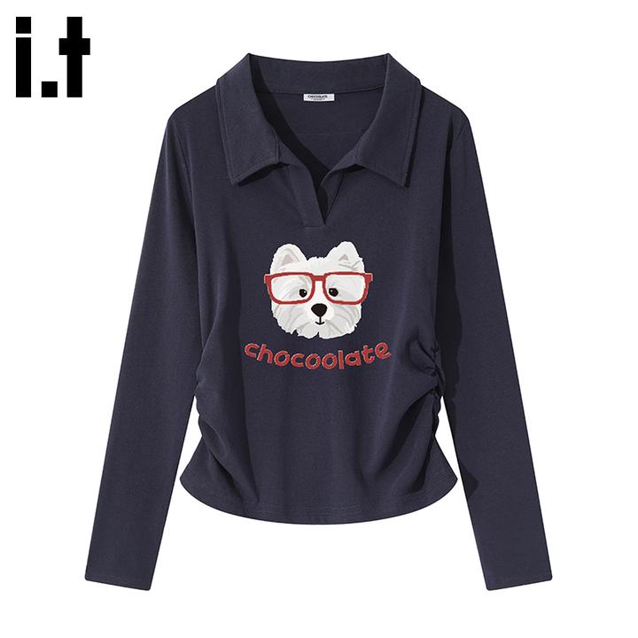 it:CHOCOOLATE藏青色正肩褶皱长袖t恤女士秋季新款polo领收腰上衣