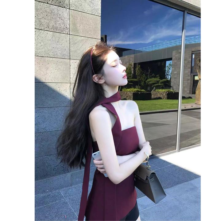 法式气质设计感高级一字肩缎面飘带抹胸上衣女配高腰显瘦短裤套装