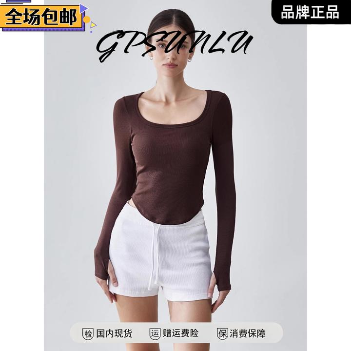 gpsunlu带胸垫瑜伽服上衣女普拉提训练长袖显瘦U领健身服T恤秋