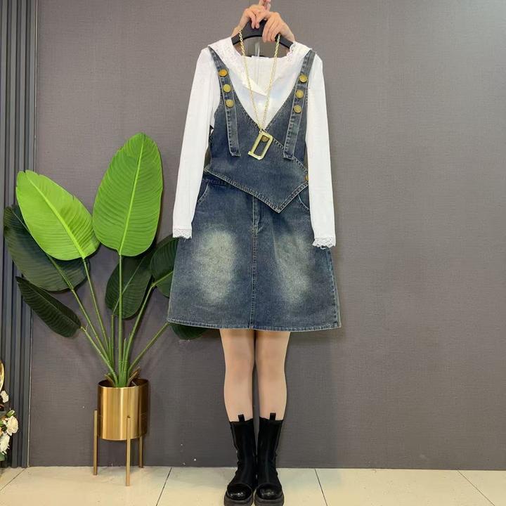 欧货网红爆款牛仔背带裙时尚新款洋气减龄蕾丝帽衫遮肉减龄套装