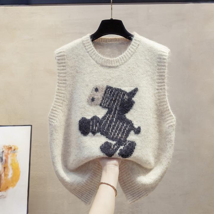 可爱小马提花针织马甲女2025年秋冬新款外搭背心日系叠穿无袖毛衣