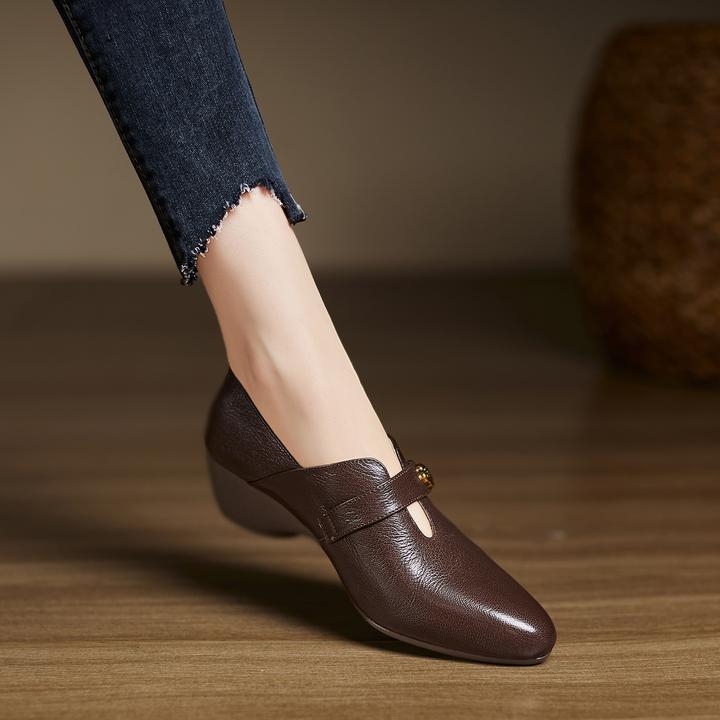 4.5cm~真皮V口坡跟单鞋女新款舒适软底中跟玛丽珍小皮鞋百搭鞋子