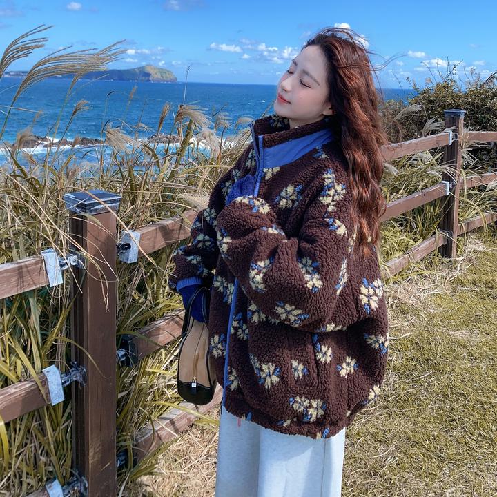 咖色花朵提花羊羔毛夹棉外套女冬季2025新款韩系个性慵懒风厚棉服