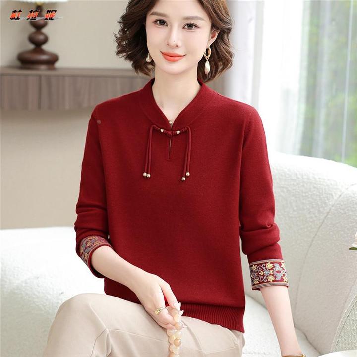杜拉妮妈妈新款国风针织毛衣打底小衫中老年秋季款新中式洋派上衣