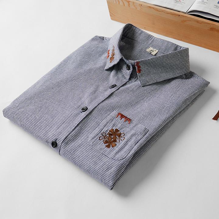 时尚百搭拼接口袋小格子翻领长袖衬衣宽松休闲千鸟格刺绣衬衫女式