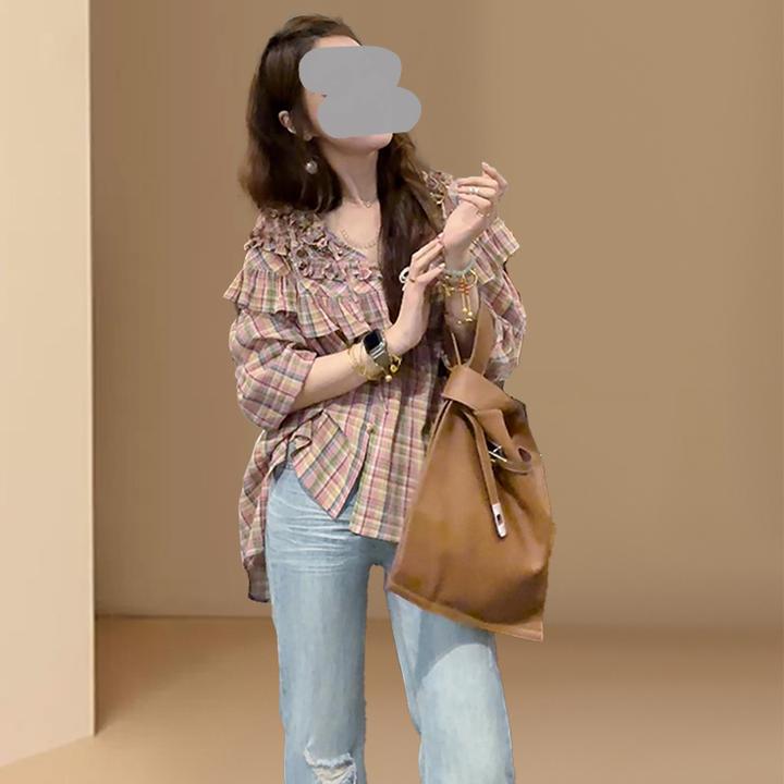 轻奢高级感洋气减龄多巴胺简约荷叶边格纹衬衫上衣女2025夏季新款
