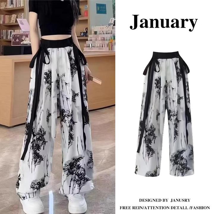 大码薄款冰丝雪纺阔腿裤女2025夏季胖mm显瘦飘带国风休闲裤6144