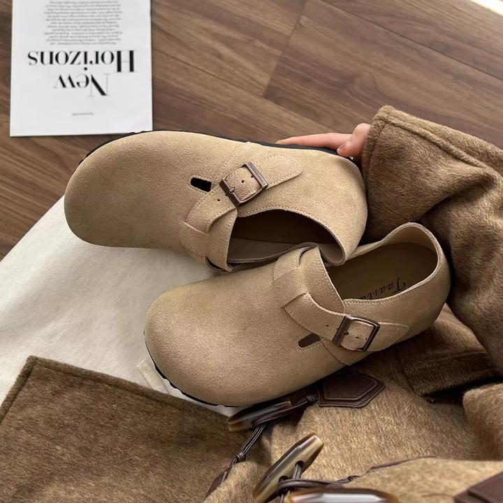 5CM厚底真皮勃肯鞋牛皮版内增高春秋新款复古一脚蹬乐福鞋女鞋子