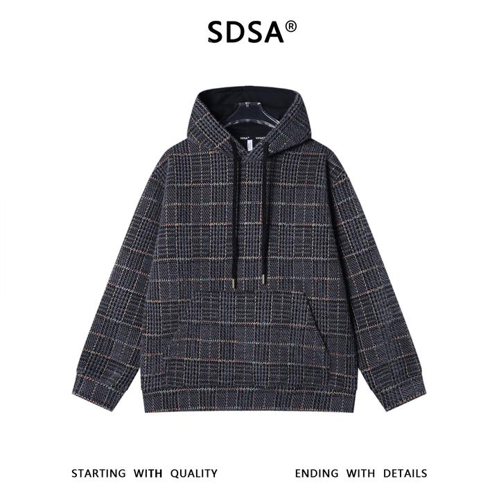 SDSA男士秋冬新款痞帅男装复古彩色格纹绒毛连帽卫衣设计感百搭潮