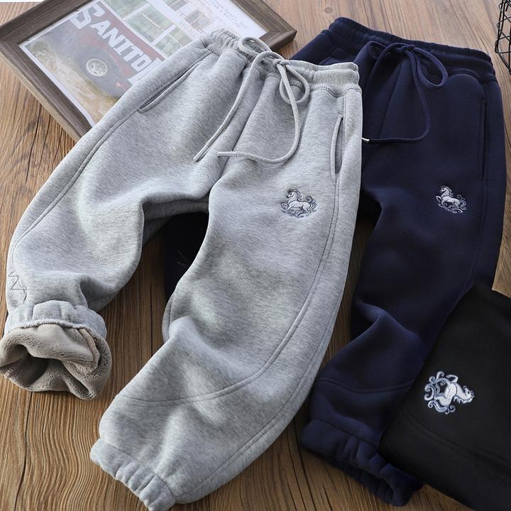 男童新年款小马图案加绒裤秋冬季新款中大童休闲加厚束脚卫裤7036