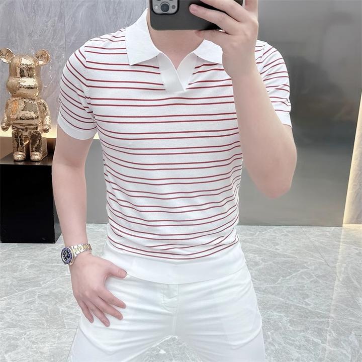 男士条纹polo衫2025夏季潮牌时尚修身帅气翻领冰丝针织短袖T恤潮