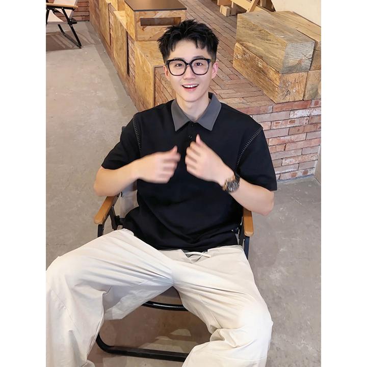 黑色翻领男士痞帅polo衫夏季穿搭拼接重磅t恤正肩美式复古五分袖