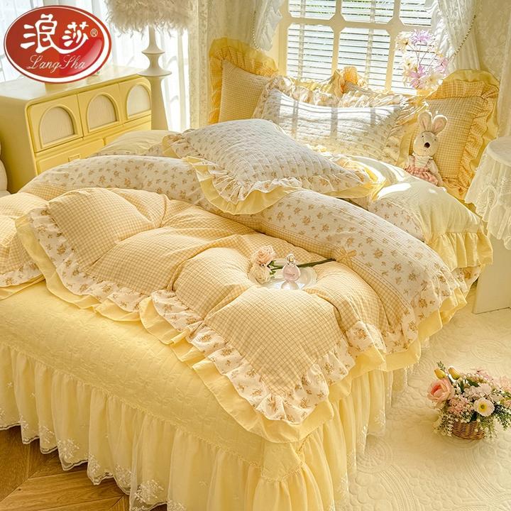 浪莎皱皱双层纱被套单件秋冬被单200x230被罩夹棉床单床盖四件套