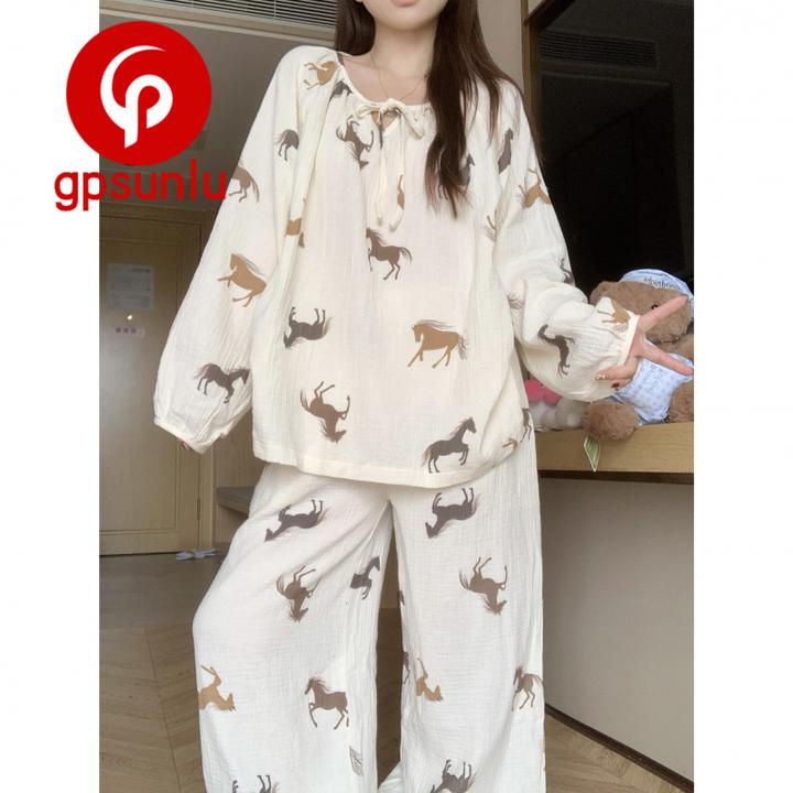 gpsunlu春秋睡衣女双层棉纱长袖长裤秋季2026新款大码卡通家居服