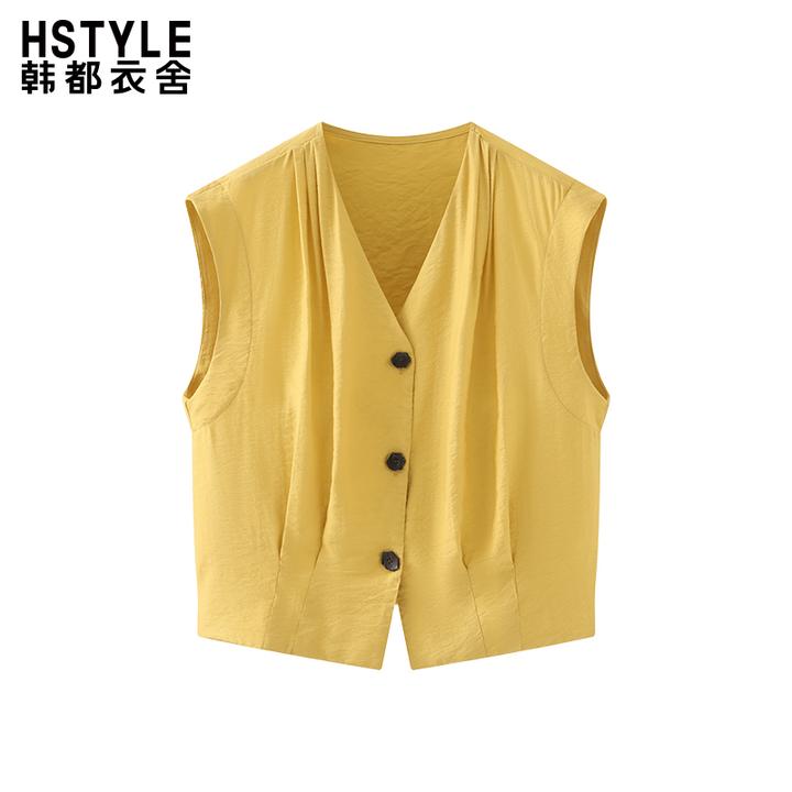 法式复古！ 纯色通勤风 夏季不规则纽扣V领压褶无袖小衫