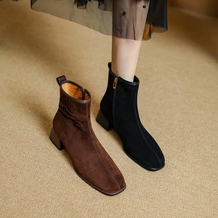 4.5cm~复古风羊反绒方头时装靴秋冬新款加绒粗跟瘦瘦靴高级感短靴
