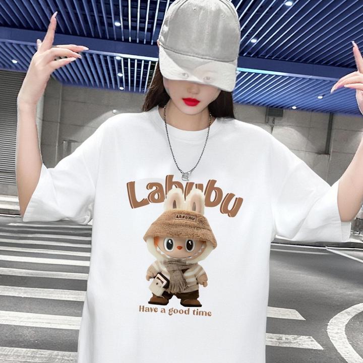 新款热门卡通图案落肩袖夏季水洗圆领T恤宽松女款t恤白色纯棉