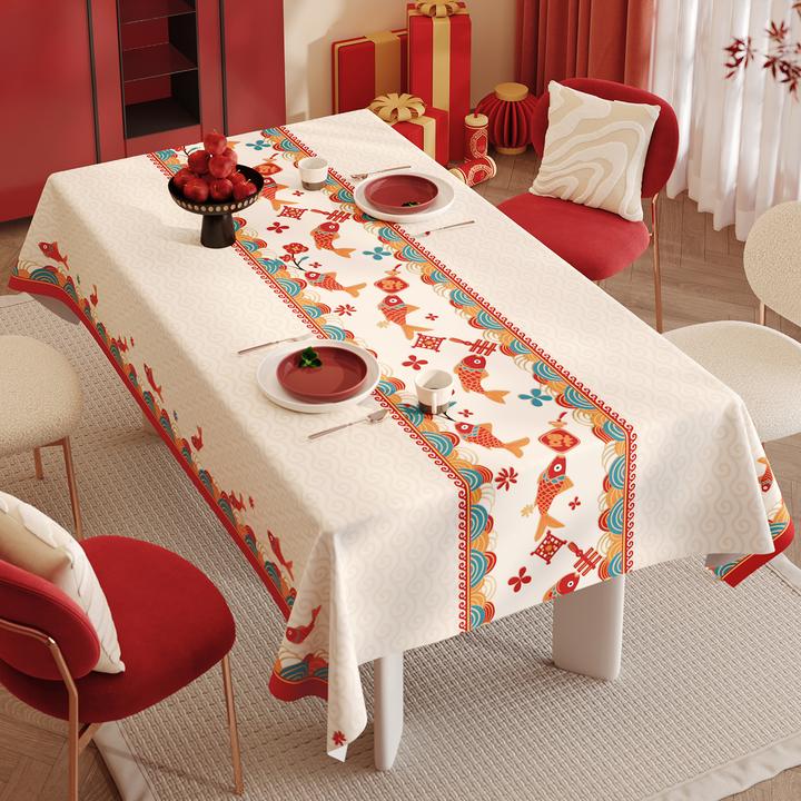 三鱼送福2026新年氛围感桌布中式喜庆防水防油免洗餐桌布茶几布