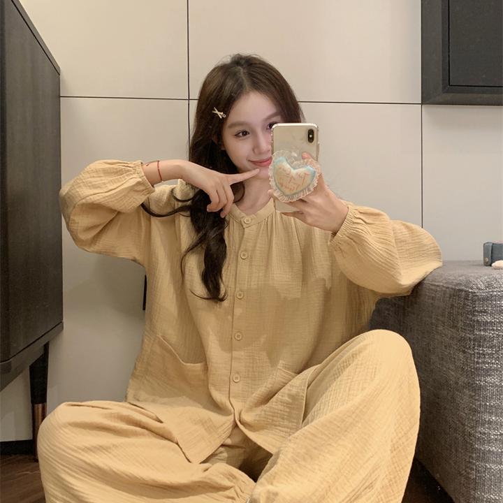 韩系时尚简约纯色棉纱布睡衣女套装秋季新款宽松休闲灯笼裤家居服