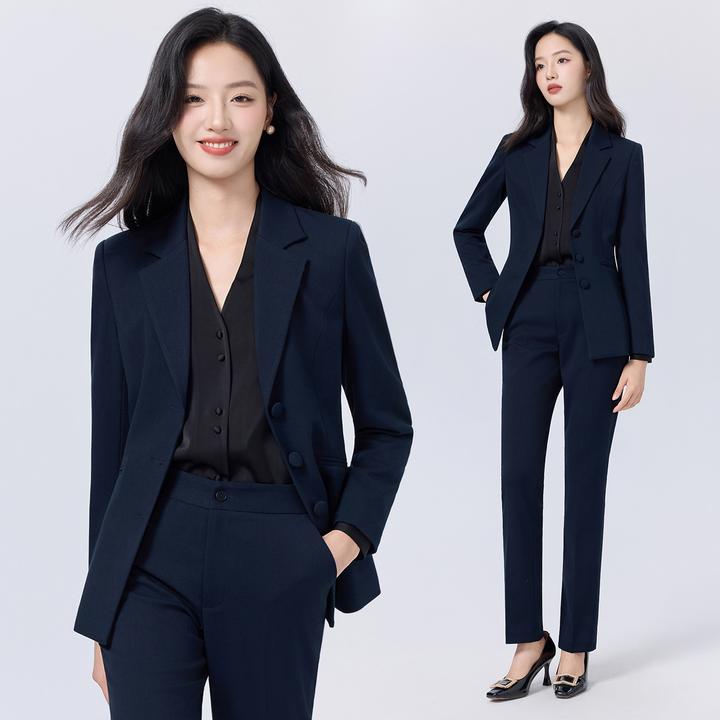 蓝色西装套装女秋冬新款面试经理正装工作服气质职业三扣西服外套