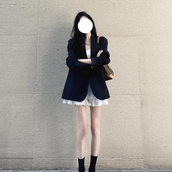 开春穿搭一整套气质韩系高级黑色西装外套蕾丝吊带短裙子三件套装