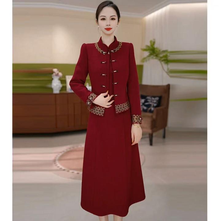 【两件套】贵妃绒冬季新款时髦气质国风优雅显瘦连衣裙两件套装