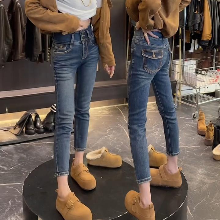 秋季新款弹力复古烟管牛仔裤大码女铅笔裤高腰显瘦百搭直筒小脚裤