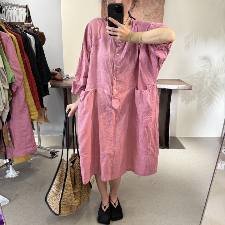纯亚麻宽松圆领口袋单排扣慵懒风休闲大版连衣裙 1555#