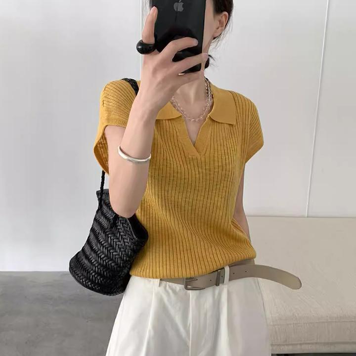 黄色polo领冰丝针织正肩短袖T恤女2025夏季新款独特漂亮翻领上衣