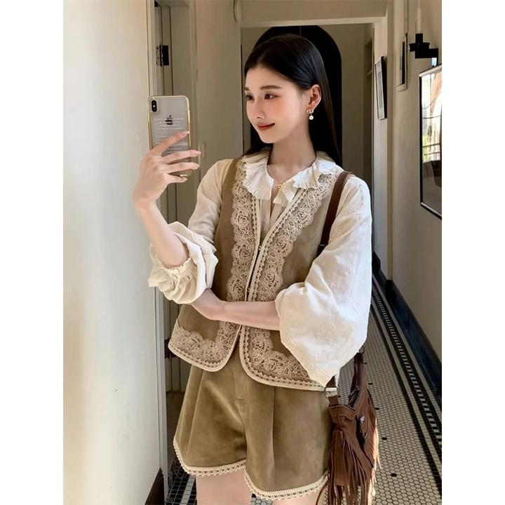 韩版时尚套装设计小众白色长袖衬衫洋气重工马甲上衣高腰直筒短裤