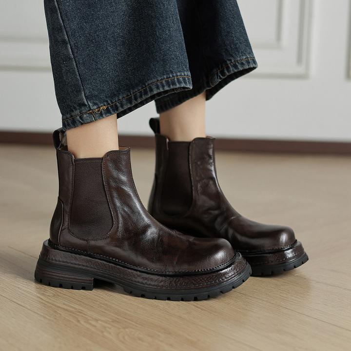 里外纯皮～头层牛皮5.5cm复古厚底短靴弹力厚底马丁靴女时装靴短筒