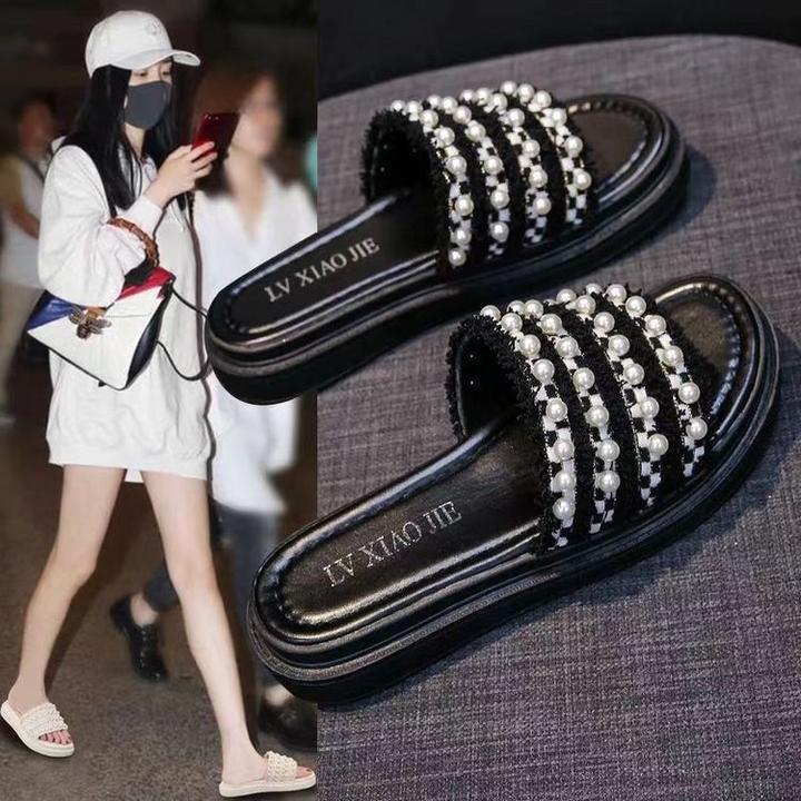 2025夏季新款仙女小香风拖鞋女ins潮外穿一字拖软底轻便凉拖厚底