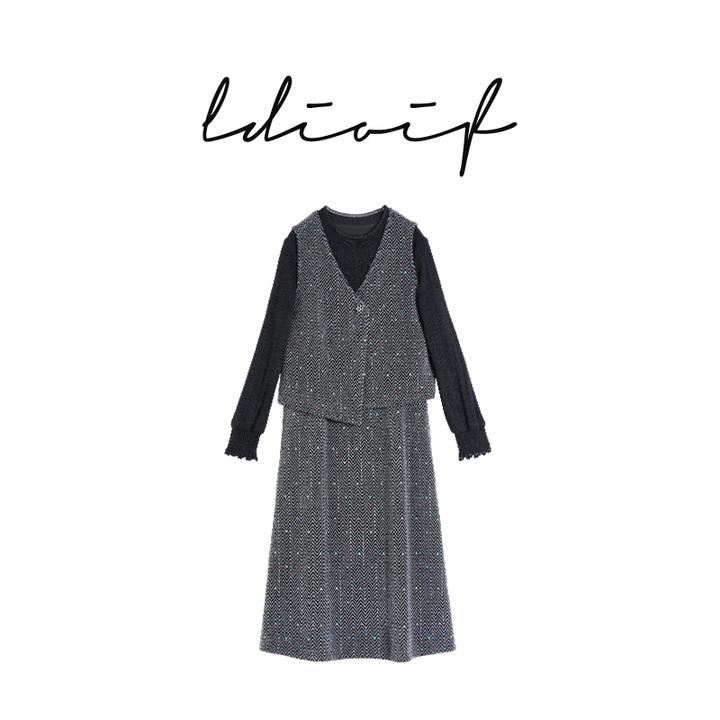 定制水波纹织绒彩点提花/重磅法兰绒 马甲两件套连衣裙#DTZ18912