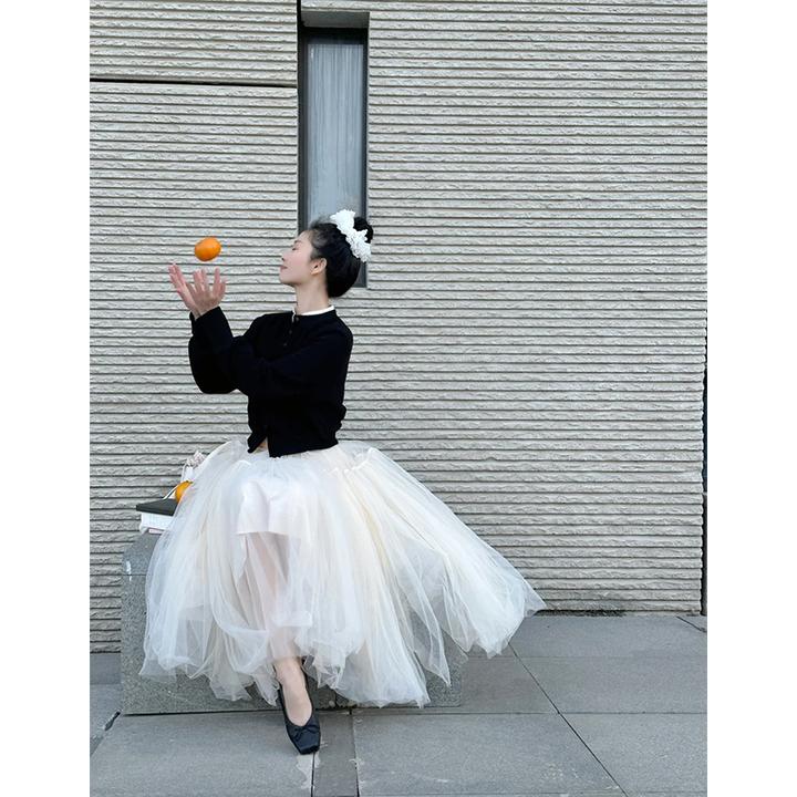 2025春季新款轻熟风气质时尚修身长袖针织开衫高腰显瘦蓬蓬纱裙女