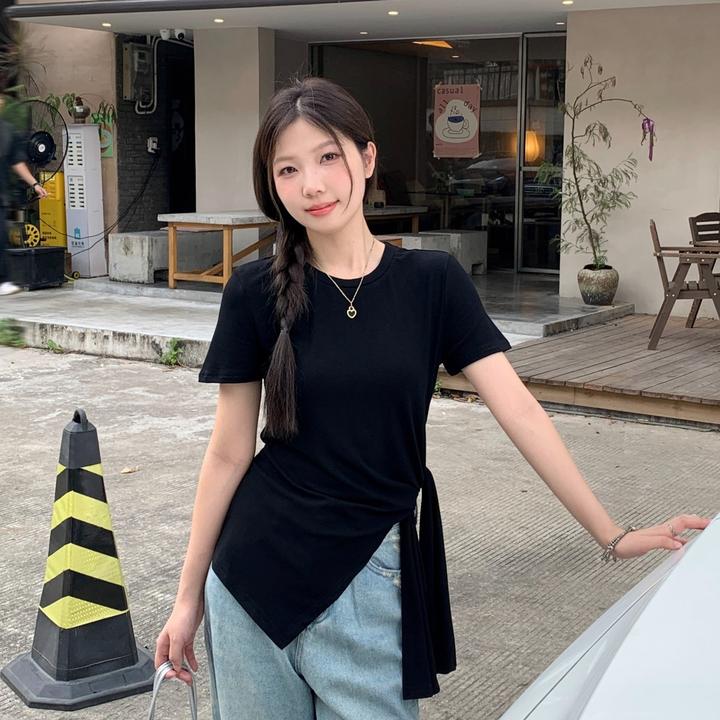 大码女装法式不规则系带短袖T恤夏2025新款胖mm修身掐腰显瘦上衣