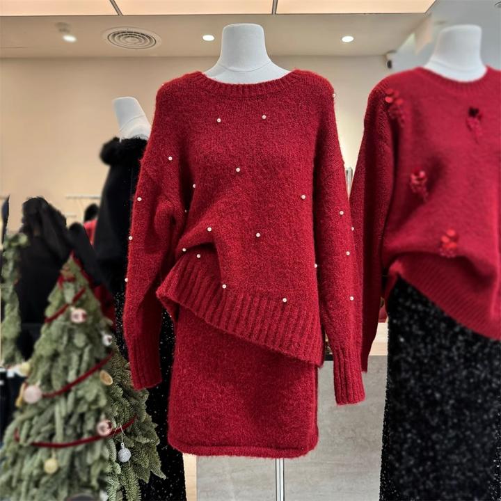 氛围感毛衣套装裙冬季新款钉珠圆领套头保暖针织衫半身裙两件套