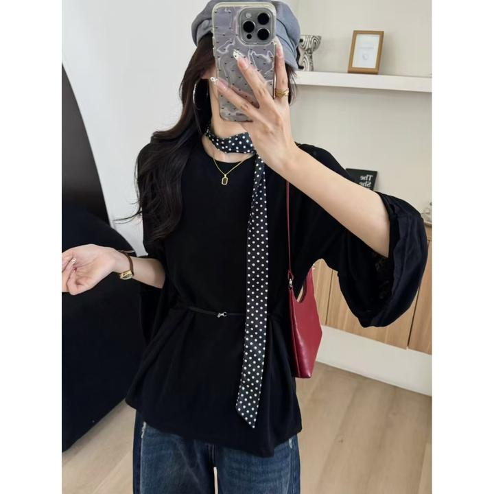 SP超显瘦纸片人极简慵懒风宽松百搭休闲长袖上衣女可收腰～配腰带