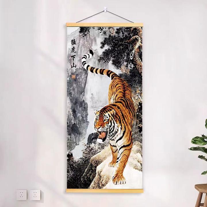 招财进宝装饰画猛虎下山图挂画办公室书房玄关背景墙老虎挂画贴画